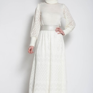 White maxi dress turtleneck office dress Long sleeve crochet ivory dress formal lacy dress mohair prom dress roll-neck evening prom dress