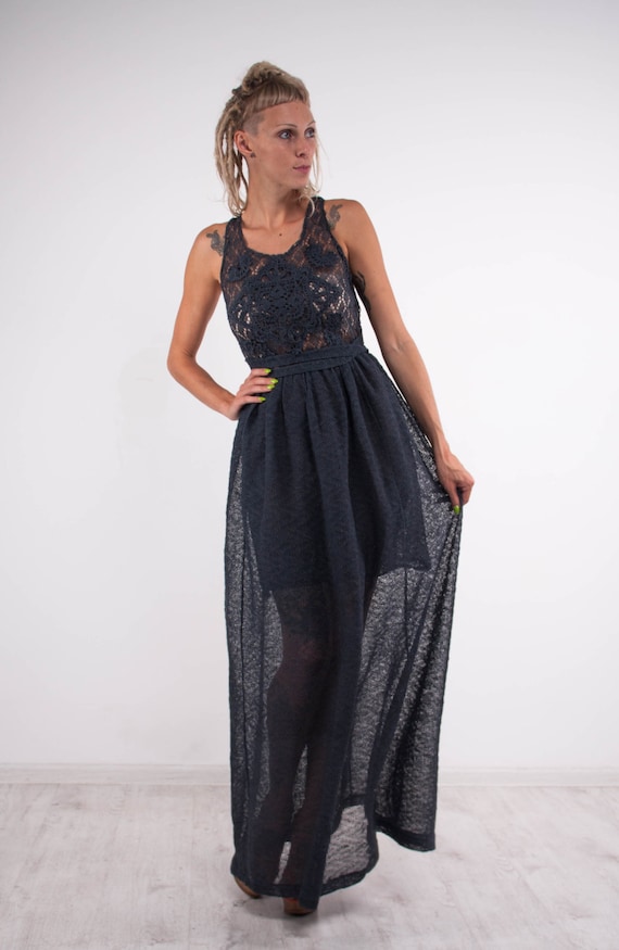 navy crochet maxi dress Crochet navy Dress KNIT Maxi Dress openback linen Dress Maxi Dress Crochet blue Dress evening Dress Beach linen SunDress floor Maxi Dress