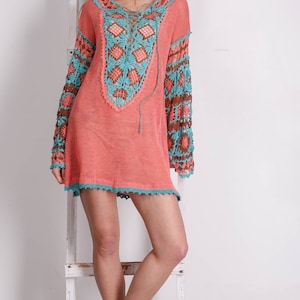 Crocheted Ethnic Tunic, KNITTED Coral Tunic, CROCHETED Women tunic, Colourful Flower Tunic,BOHO crocheted top , Lacy Crocheted Tunic