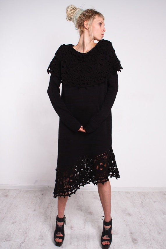 black crochet collar dress CROCHET Black Dress Asymmetric Black Dress Midi Lace Dress Crochet Black  Dress KNIT Collar Dress Lacy Black Dress Knit Sleeves Black Dress
