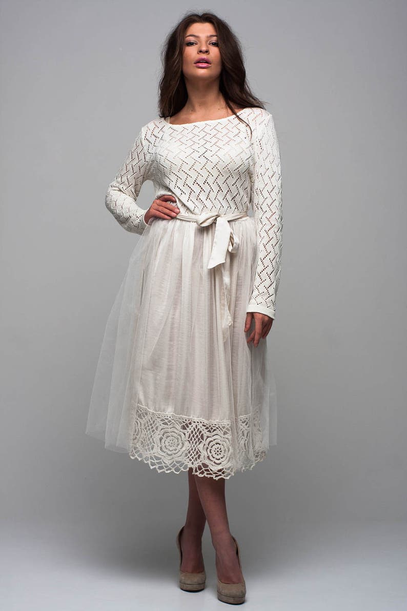 Wedding long sleeves dress Special day dress Tulle tutu white dress Knit lace dress Bridal dress Tutu dress Pleated dress Lace dress