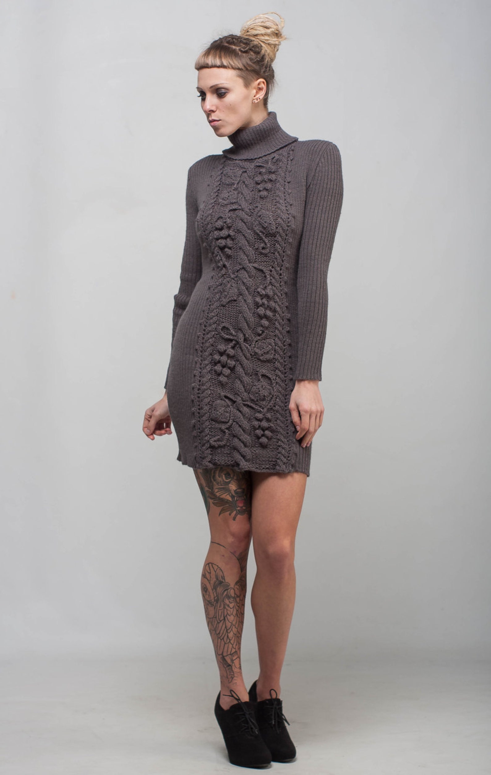Cable Knit Grey Dress Sheath Gray Dress Handmade Winter Dress - Etsy