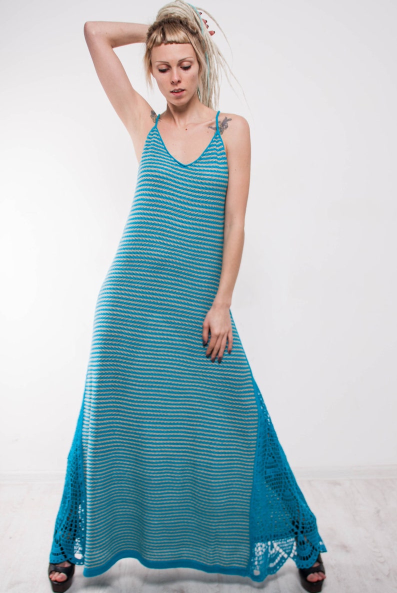 Crochet Striped Dress Crochet Turquoise Dress Maxi Sundress - Etsy