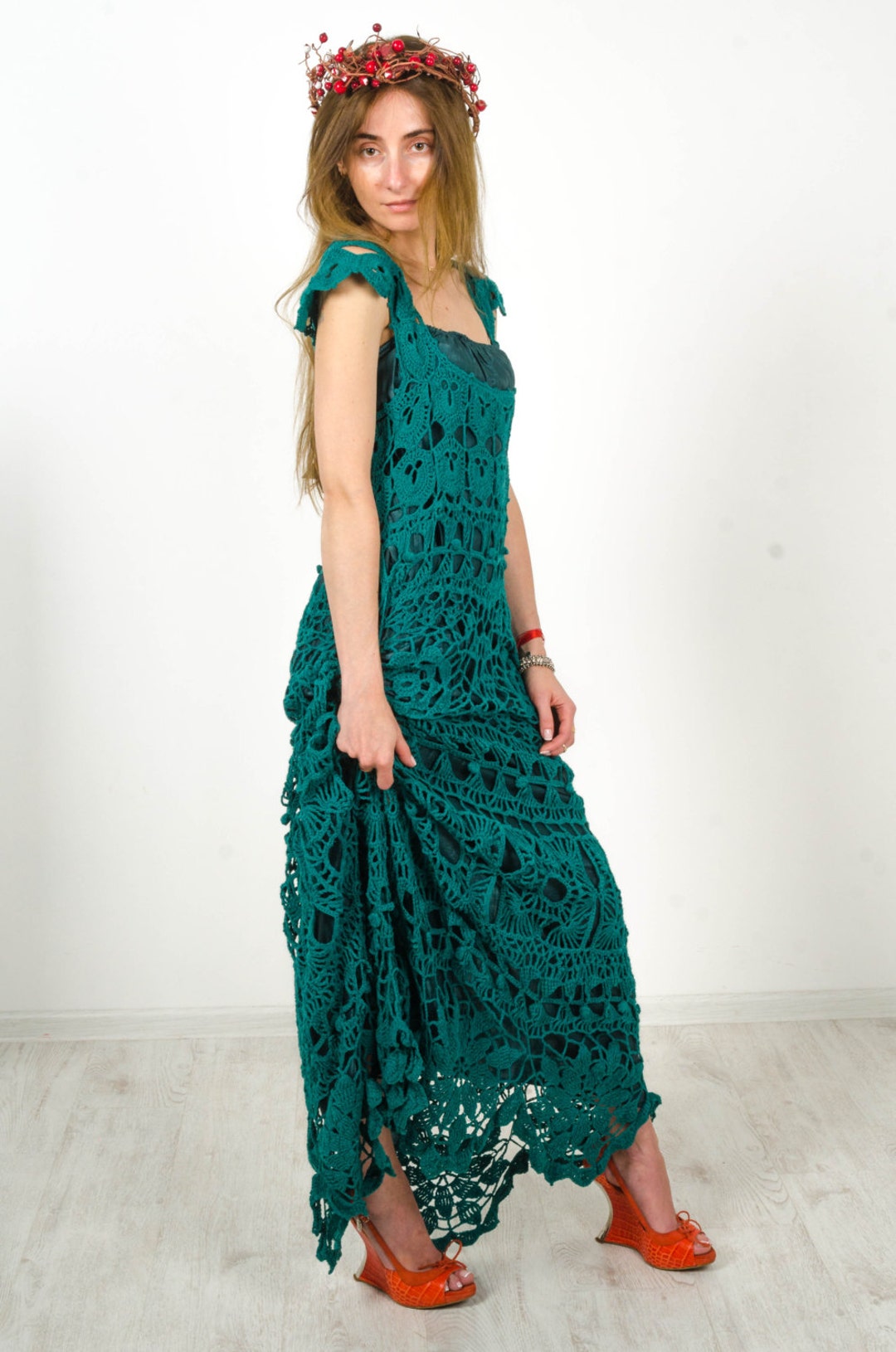 Crochet Maxi Dress Handmade Maxi Dress Crochet Emerald Lacy Sundress ...