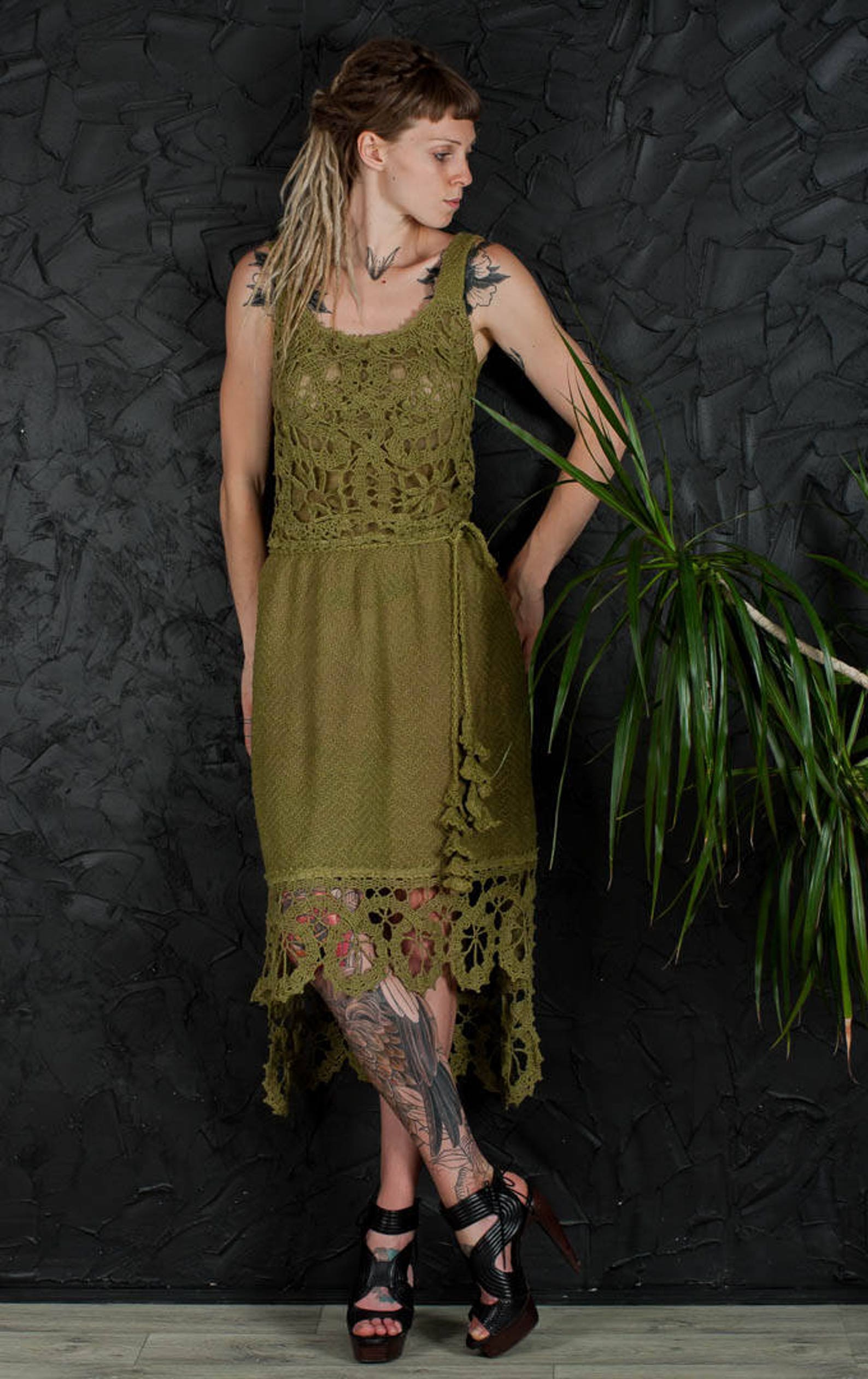 Crochet Green Dress Prom Linen Midi Sundress Handmade Lacy - Etsy