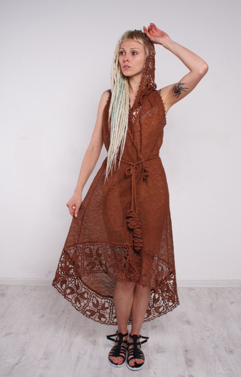 Crochet Maxi Dress Brown Linen DRESS, Crocheted Long Biggin Dress, Maxi Wraparound Dress,linen