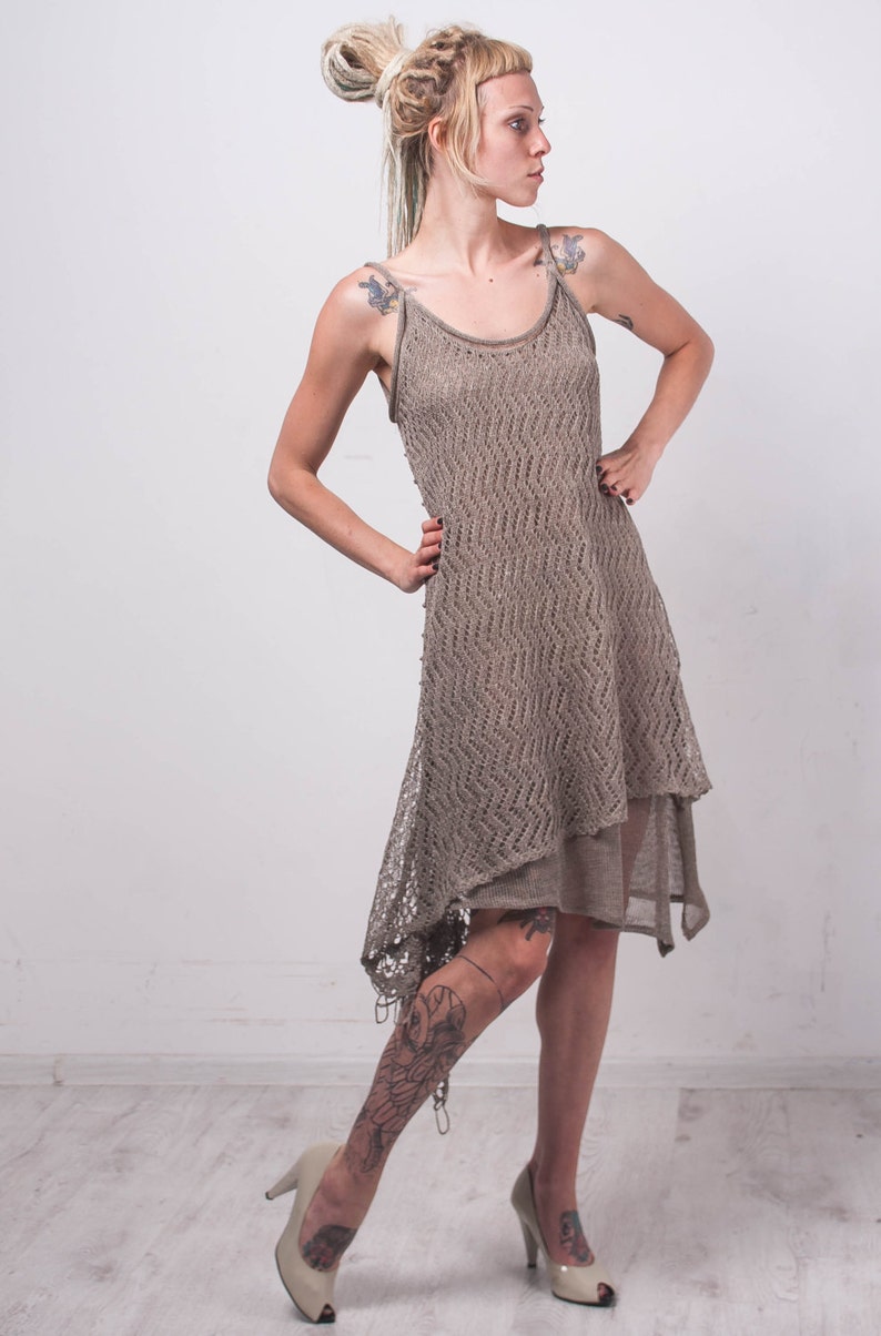Crochet Ethnic Dress KNIT Grey Linen Tunic CROCHET Women Tunic Loose ...