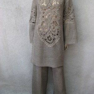 Gehäkelte ethnische Kostüm, GESTRICKte graue Tunika, CROCHETED Frauen Hose Lacy Hose BOHO gehäkelt oben Lacy gehäkelte Hose