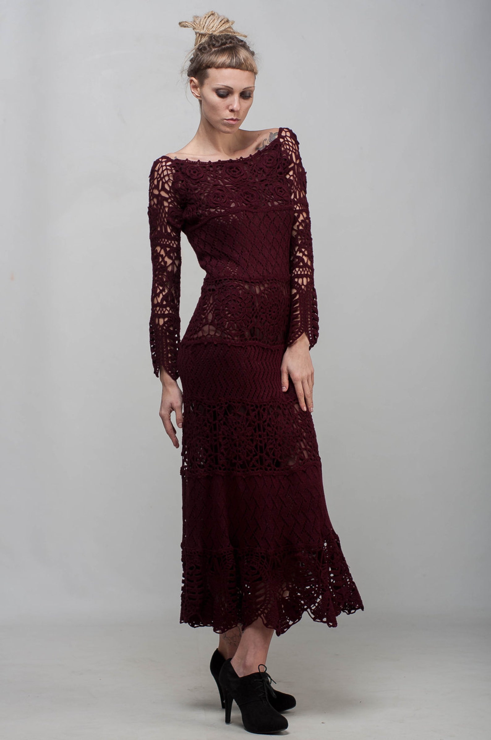 Marsala Formal Dress Burgundy Lace Dress Maxi Long Sleeve Dress Crochet ...