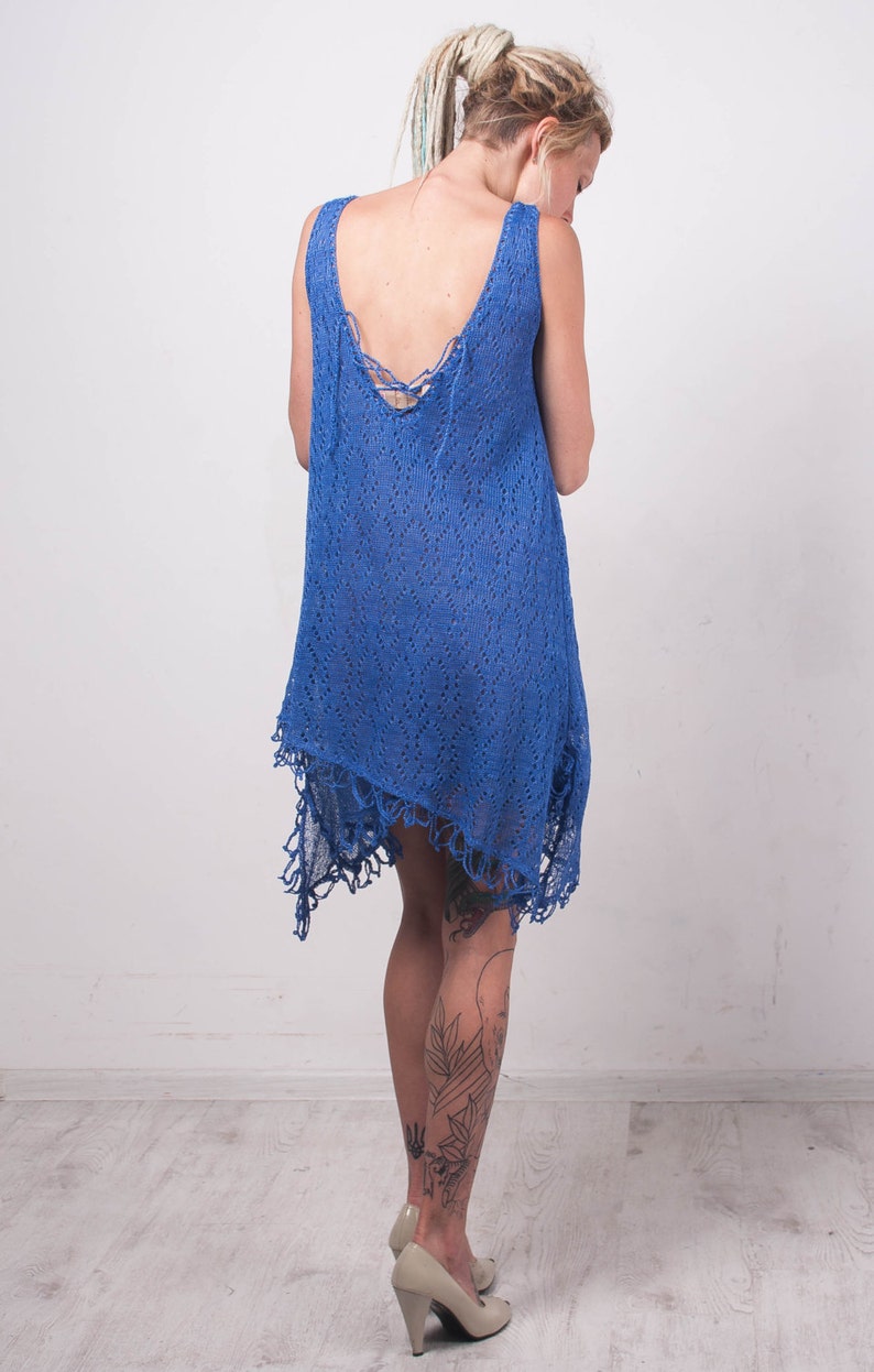 Crochet Ethnic Dress KNIT Blue Linen Tunic CROCHET Lace Women Etsy