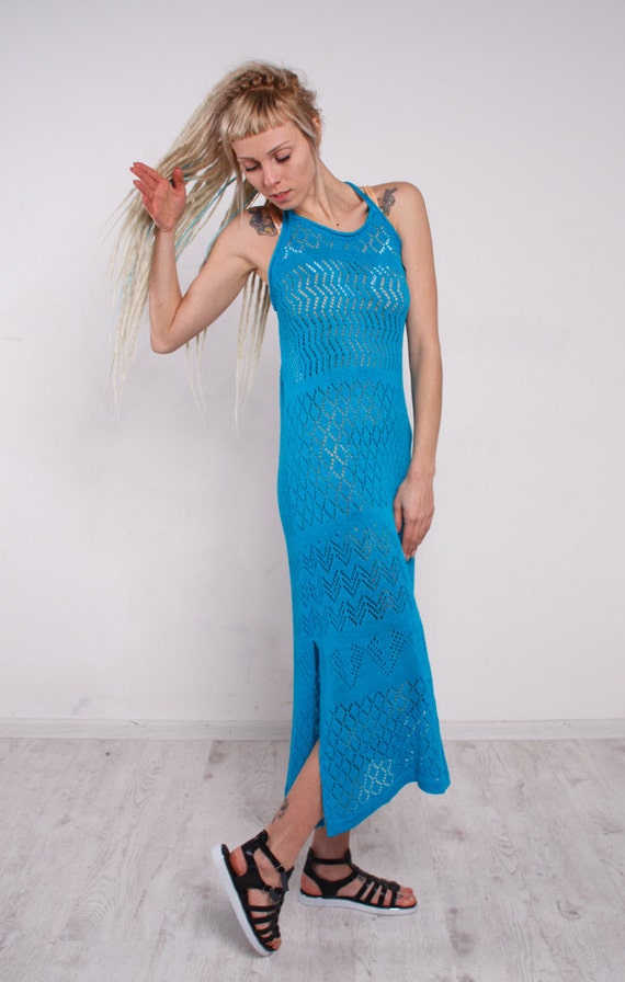 Crochet Dress Crochet Maxi Dress Crochet Turquoise Lacy Sundress Handmade Viscose Dress Crochet Beach Sundress Evening Turquoise Floor Gown