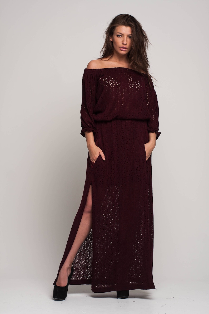 maroon off the shoulder long sleeve dress