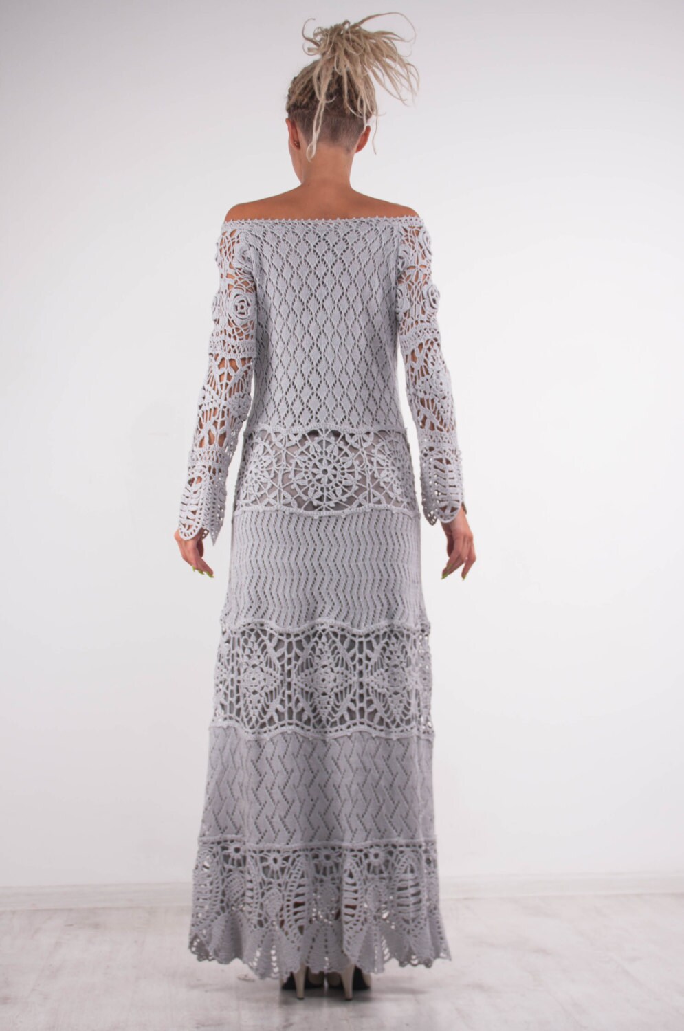 Crochet Lace off Shoulder Dress Grey Maxi Dress Long Sleeves - Etsy