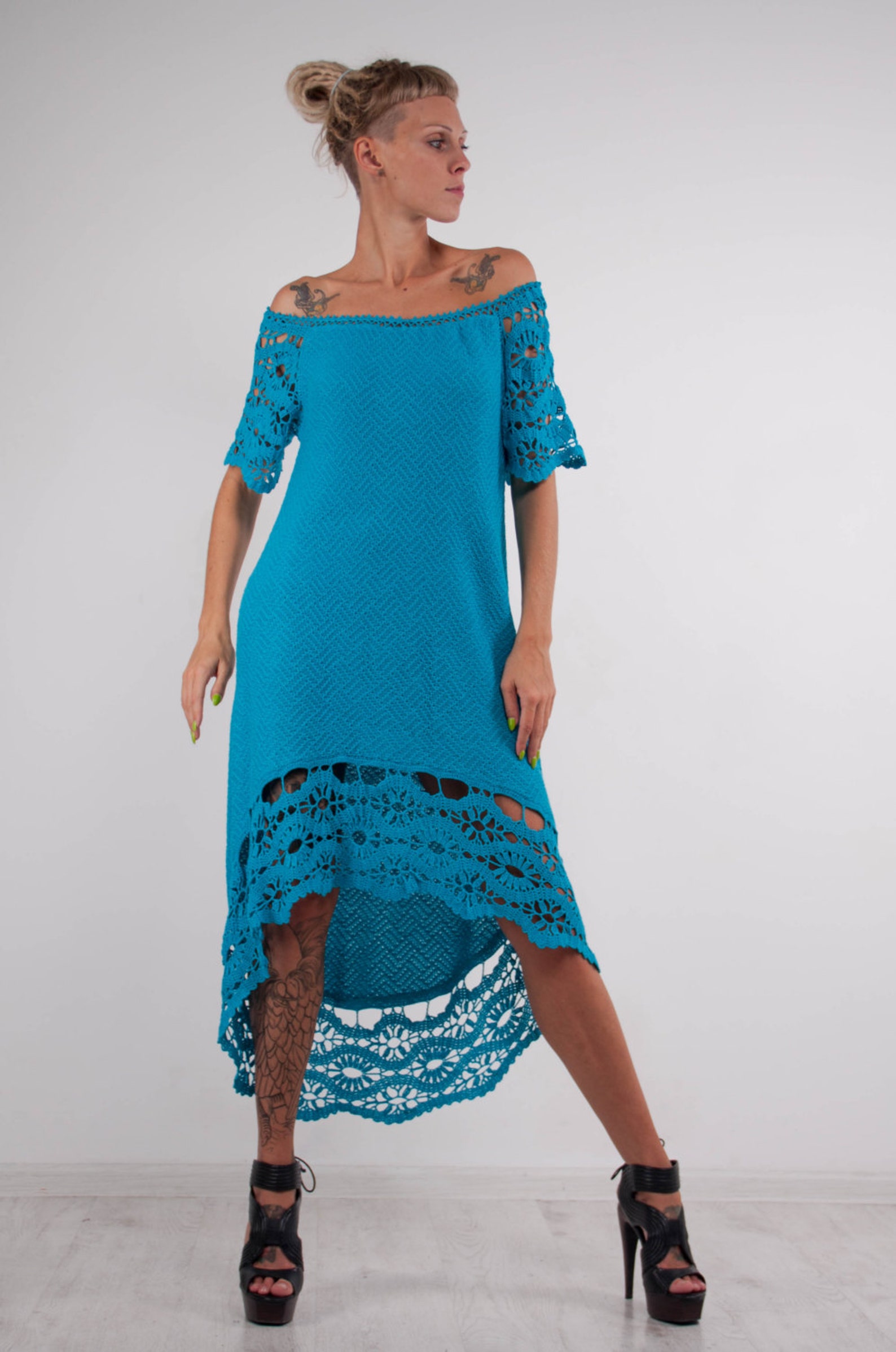 CROCHET turquoise asymmetric Dress Handmade Maxi Dress Crochet | Etsy