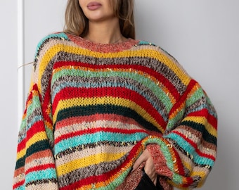 Suéter de mohair extragrande, jersey multicolor a rayas, jersey de punto hecho a mano, suéter grueso estilo boho, suéter colorido para mujer