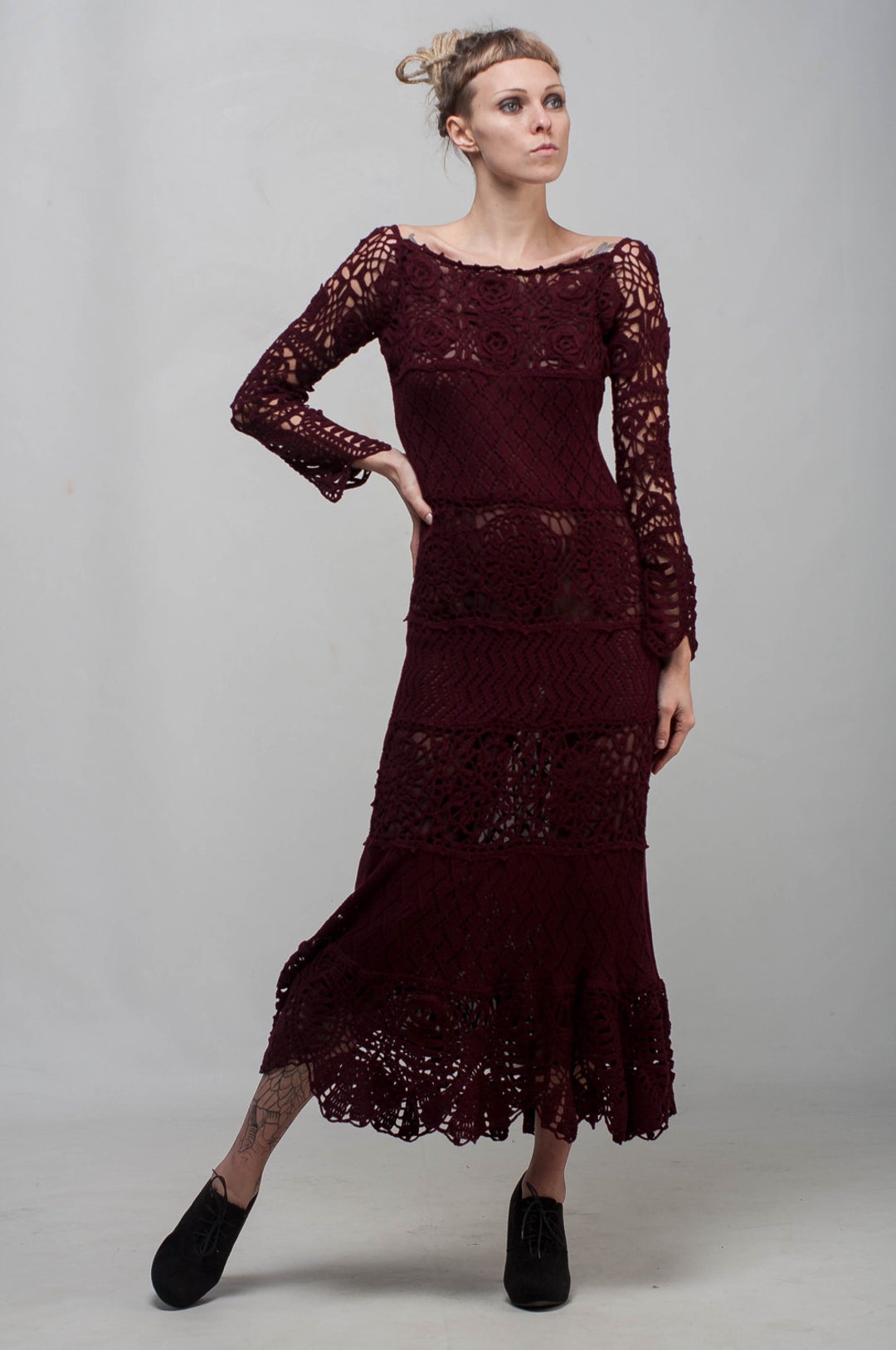 chinese dress ladies Drusilla Midi Dress in Rose Lace Burgundy