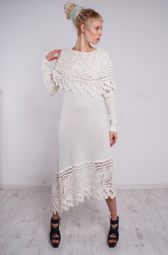 Women's Solid White A Line Crochet Dress