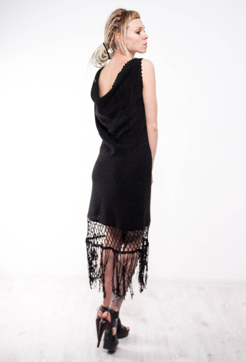 Crochet Dress Black Crochet Dress Small Black Dress Mini Lacy Fringe