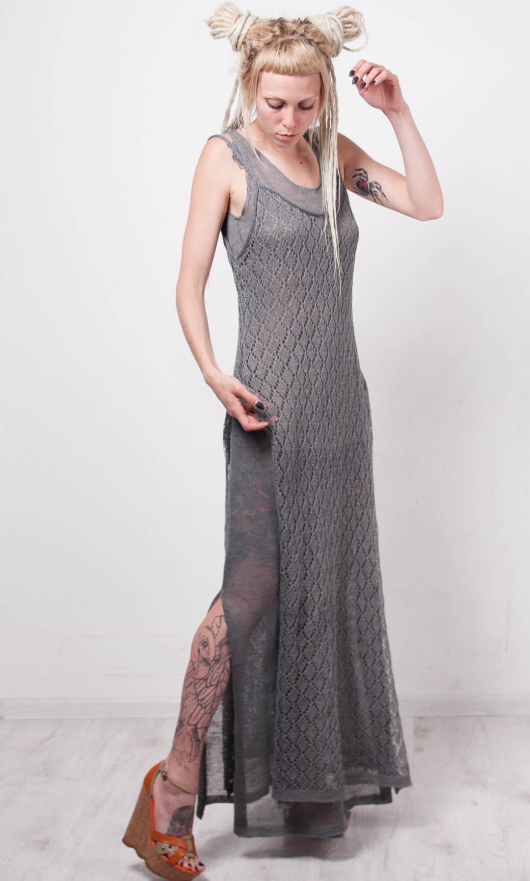 gray crochet maxi dress Crochet Linen Maxi Dress: Grey Beachwear Oversized Lacy Sundress Handmade Summer Dress with Pockets