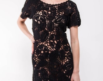 Crochet Dress Black crochet dress  Small black Dress, Mini lacy crochet  Dress, HandmadeBlack Dress,  Crochet Irish lace dress.Vintage Dress