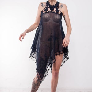 Crochet Ethnic Tunic, KNIT blue linen Tunic CROCHET Women tunic loose transparent Tunic BOHO crochet navy top Lacy beachwear Tunic