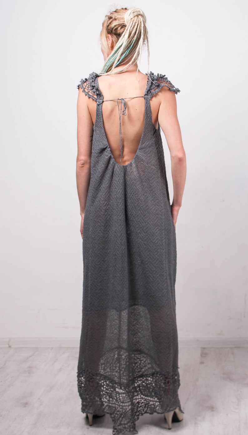 Handmade Crochet Linen Maxi Dress – Grey Beachwear Oversized Lacy Sundress with Pockets