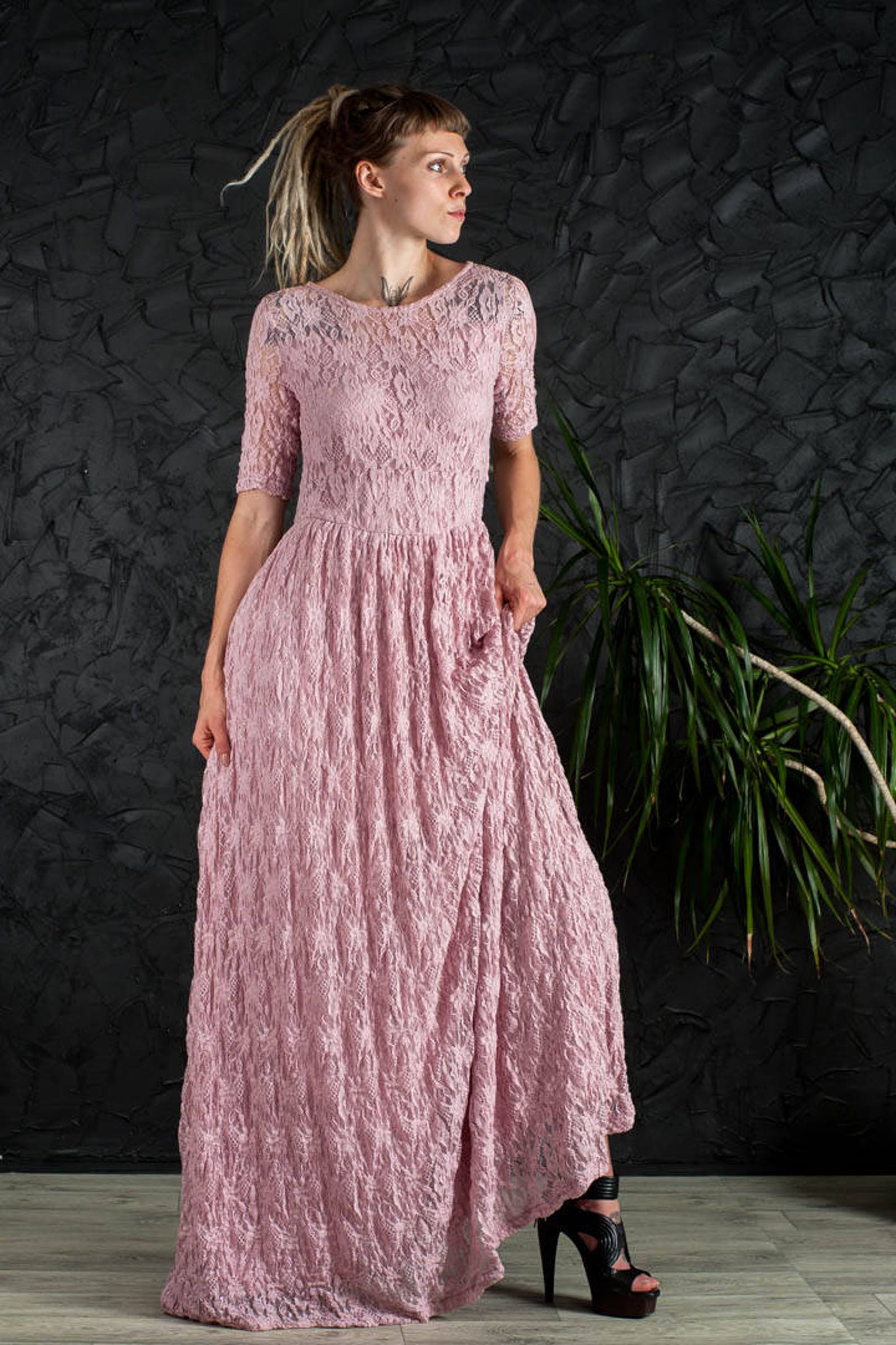 Dusty Pink Maxi Dress Guipure Pink Prom Dress Sleeves Maxi Etsy