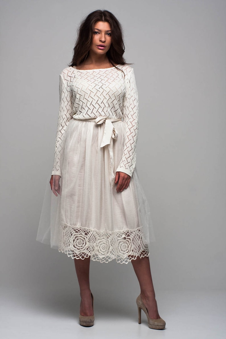 Wedding long sleeves dress Special day dress Tulle tutu white dress Knit lace dress Bridal dress Tutu dress Pleated dress Lace dress