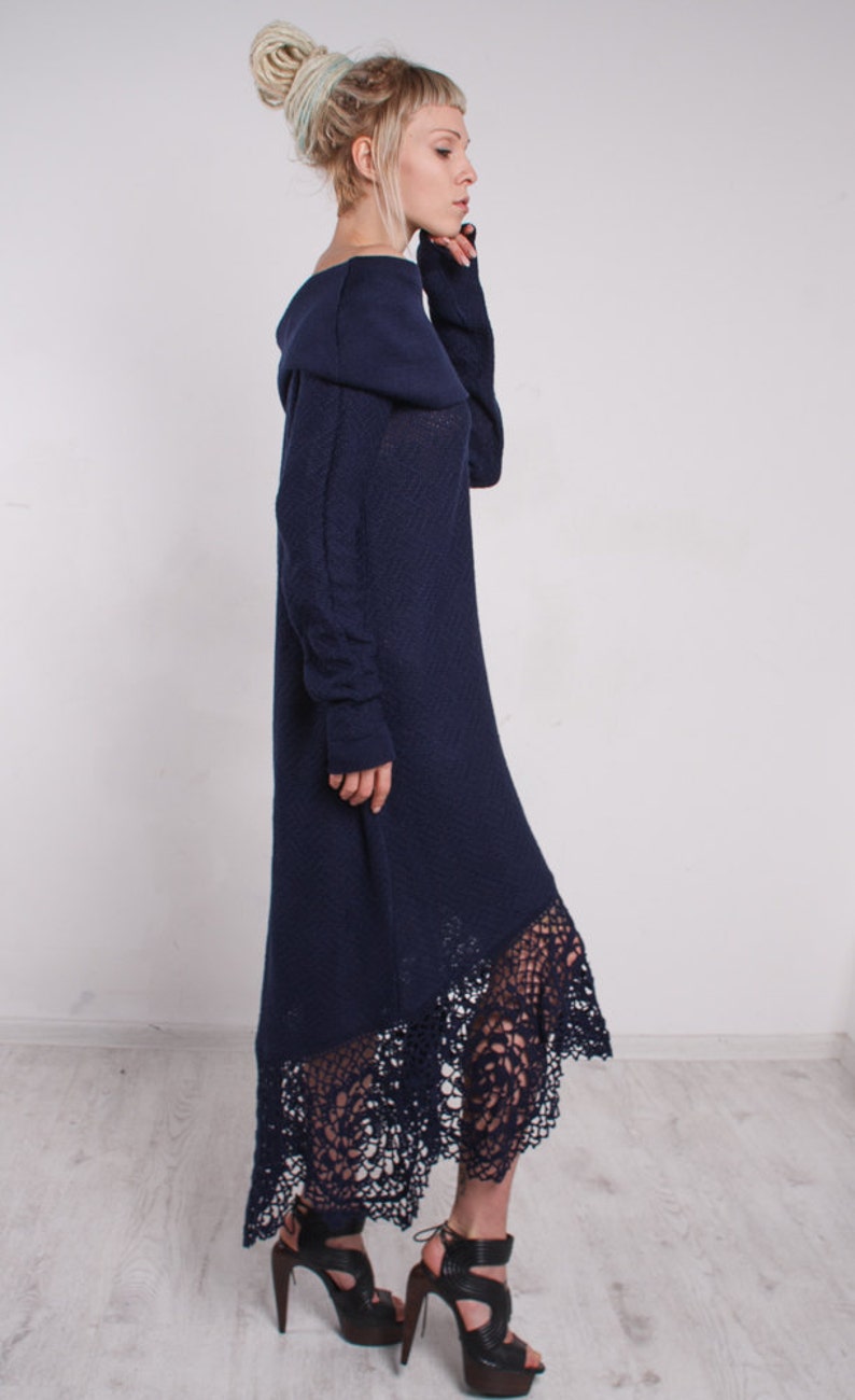 CROCHET Navy Dress Asymmetric Blue Dress Maxi Lace Dress Etsy