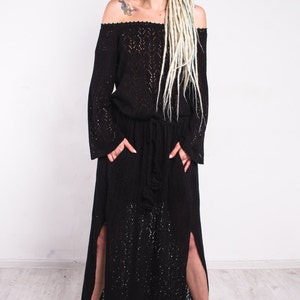 Black maxi dress Knitted Maxi dress off shoulder black dress Long sleeves crochet dress slits lacy dress pockets maxi dress evening dress