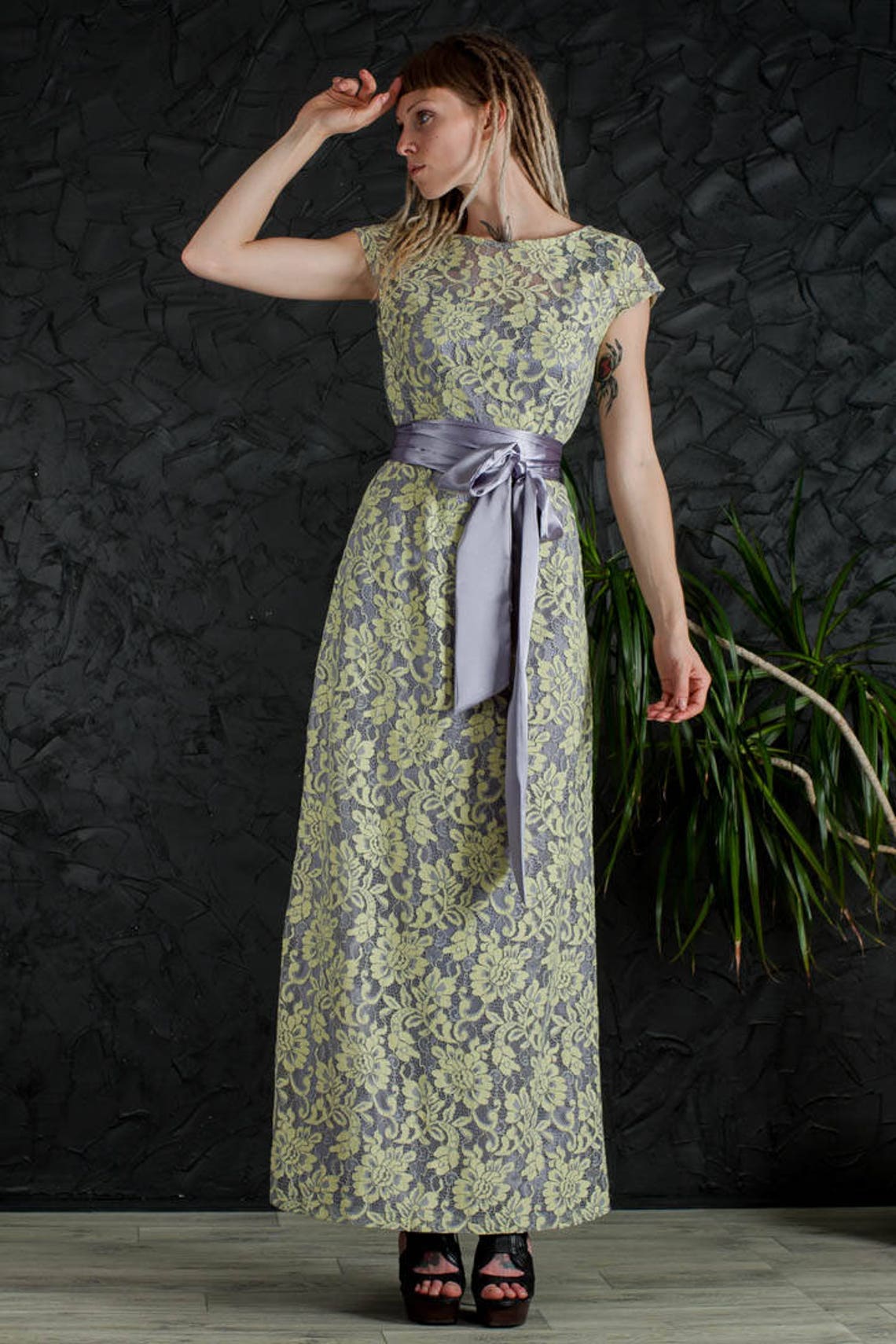 Prom Yellow Dress Gray Maxi Dress Cocktail Floor Dress Evening Etsy