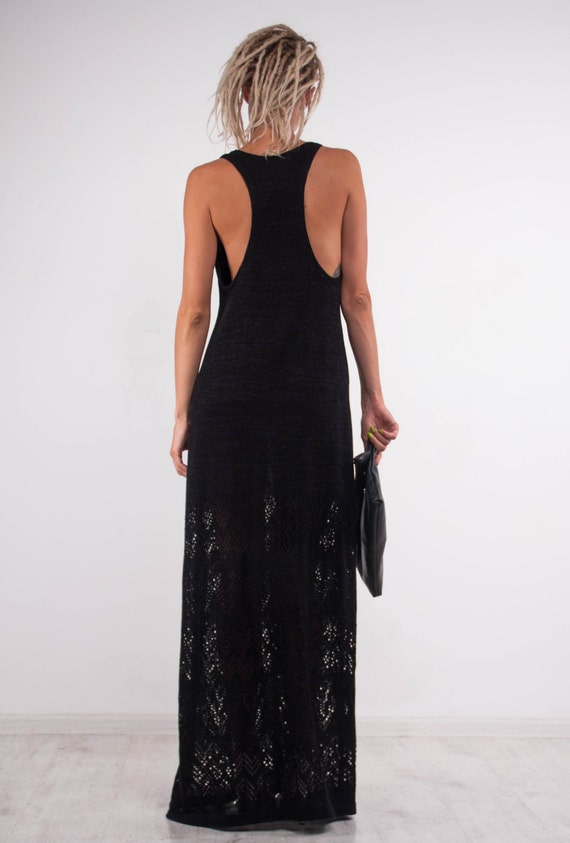 crochet racerback dress Maxi crochet sundress sleeveless cocktail dress evening floor dress viscose long summer dress Maxi Black racerback beachwear dress
