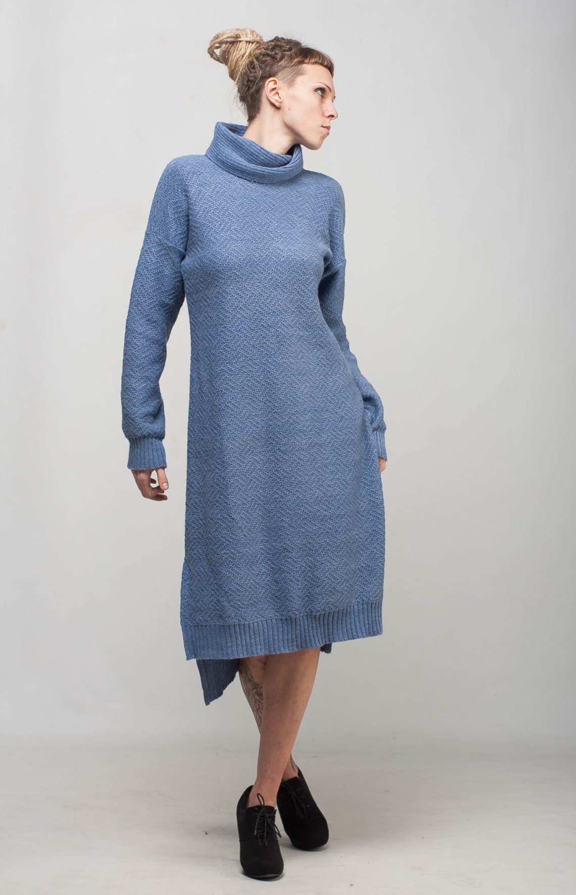Turtleneck Crochet Dress Midi Oversize Dress Blue Dress Knit Etsy