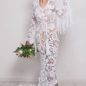Handmade wedding maxi dress Crochet White Dress wedding dress fringe white dress irish lace dress plume cotton Dress crochet wedding gown