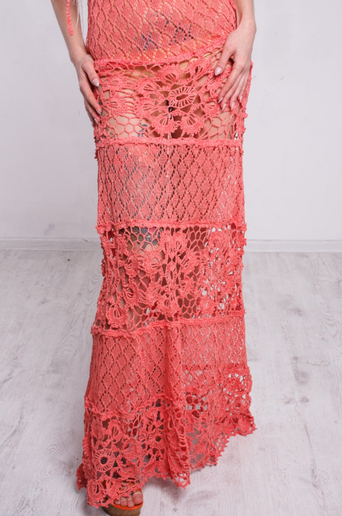 Coral Crochet Maxi Dress