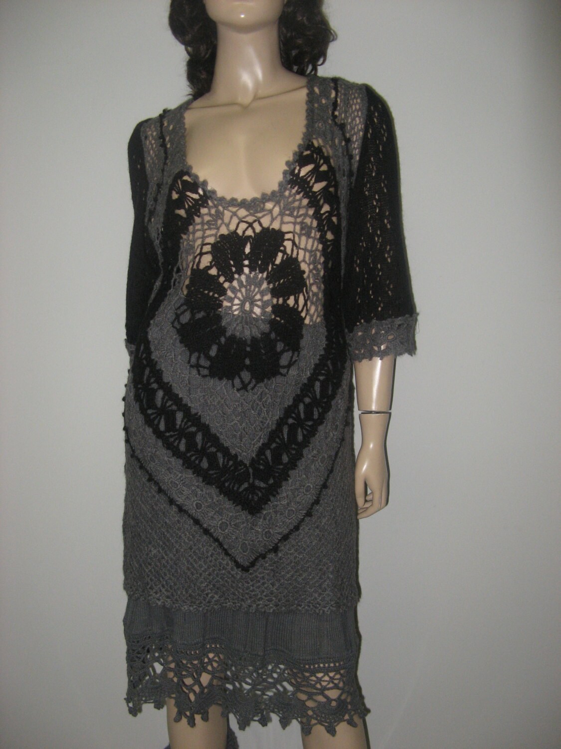 Knitted Gray-black Tunic Woolen Alpaca TUNIC Crochet Lacy - Etsy