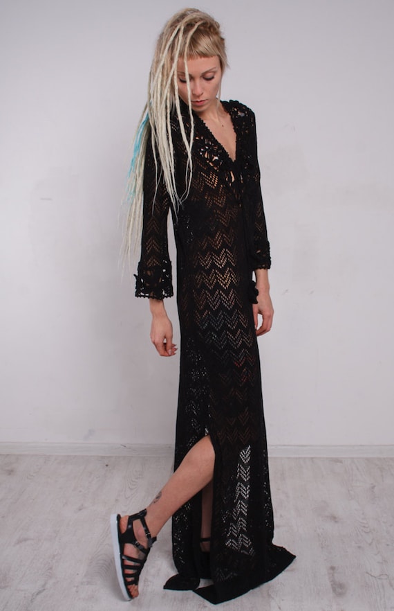 Maxi Crochet Dress,Knitted Maxi Black Dress, Maxi Beach Lacy Dress, Handmade Dress, Viscose Summer Long dress.Vintage beachwear Dress
