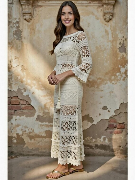ivory crochet maxi dress Dress: Handmade Boho Wedding Lace Cotton Beach Bridal Gown Viridian Green