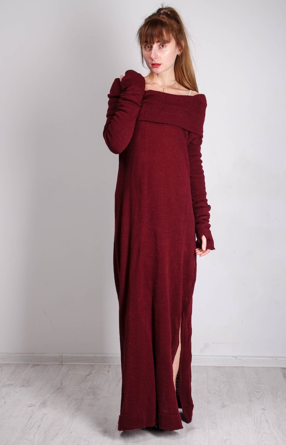 burgundy crochet maxi dress Kaedyn Burgundy Off Shoulder Long Sleeve Crochet Mermaid Maxi Dress main image 1