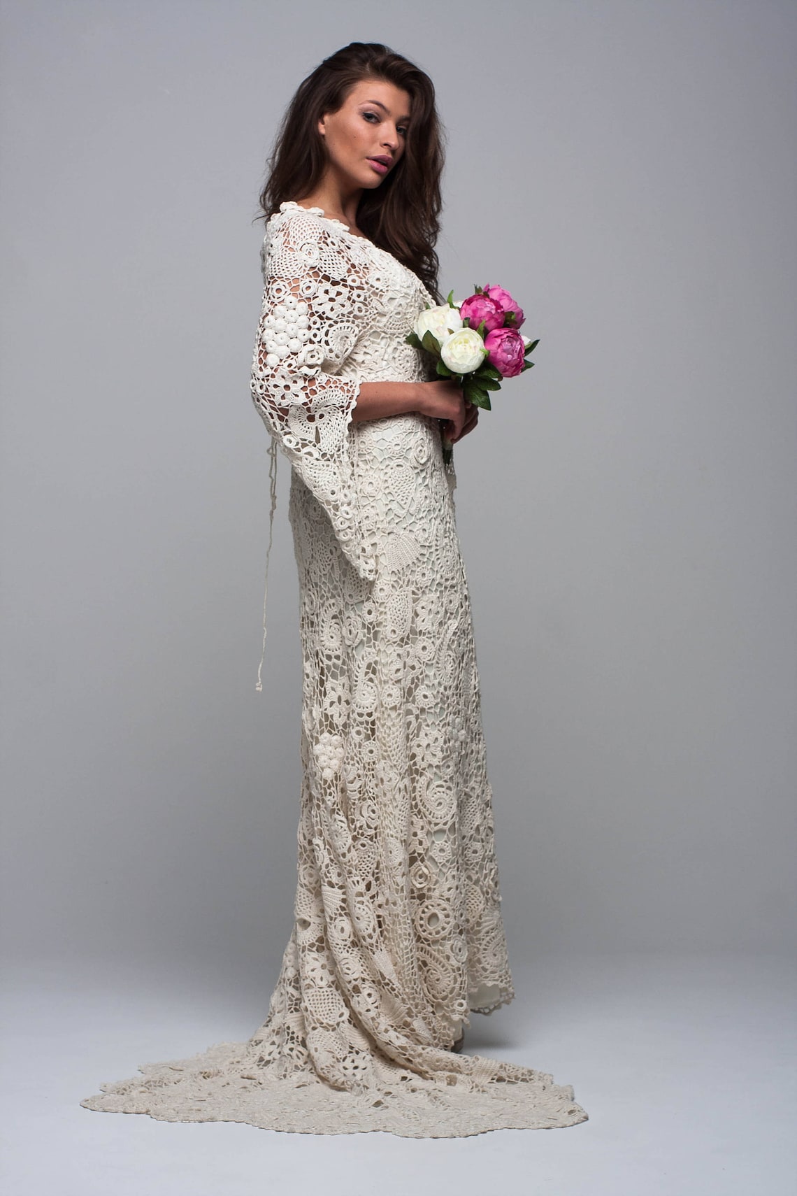 Wedding Crochet Dress Handmade Pink Dress Wedding Irish Lace Dress Pink