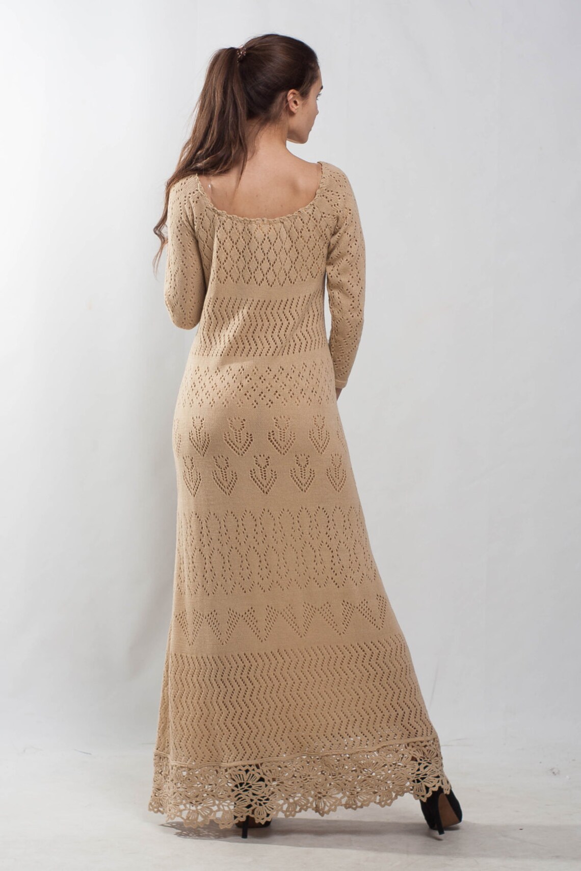 Sheath Beige Crochet Dress Knit off Shoulder Woolen Dress Prom Nude ...