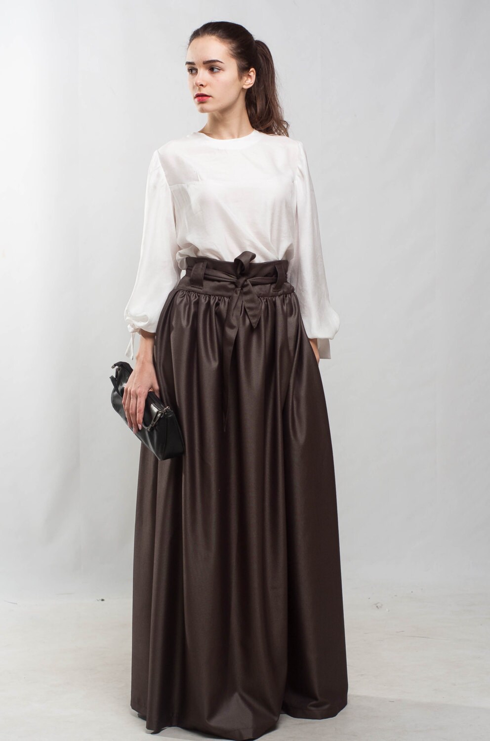 Taupe Maxi Skirt Flared Skirt Pleated Skirt Formal Floor Skirt Special Day Skirt Brown Pockets ...