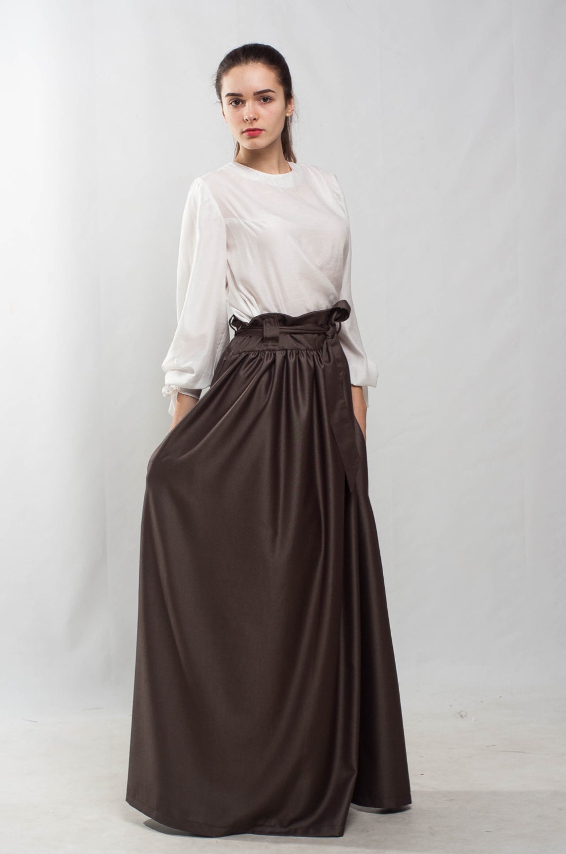 Taupe Maxi Skirt Flared Skirt Pleated Skirt Formal Floor Skirt Special Day Skirt Brown Pockets ...