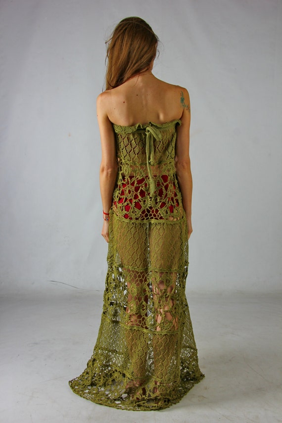 olive green crochet dress Blissful Strolls Olive Green Crochet Faux-Wrap Halter Midi Dress
