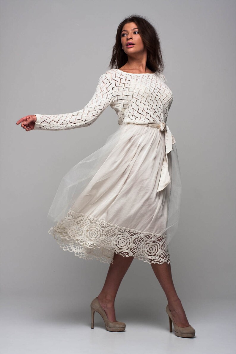 Wedding long sleeves dress Special day dress Tulle tutu white dress Knit lace dress Bridal dress Tutu dress Pleated dress Lace dress