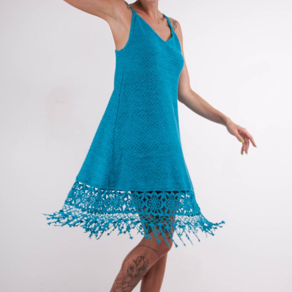 Vestido de ganchillo turquesa punto mini vestido de encaje vestido de verano viscosa Vestido de Crochet azul noche turquesa viscosa Vestido de verano vestido de Cóctel