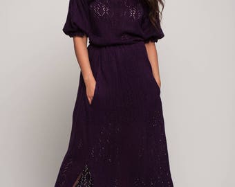 Off shoulder purple maxi prom dress Knit Maxi dress crochet bridesmaid dress short sleeve lace dress slits loose dress pockets maxi dress