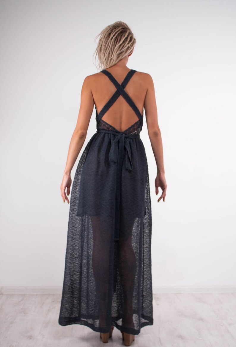 Crochet Navy Dress KNIT Maxi Dress Openback Linen Dress Maxi Etsy