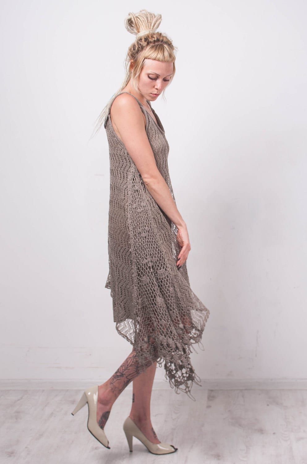 Crochet Ethnic Dress KNIT Grey Linen Tunic CROCHET Women Tunic Loose ...