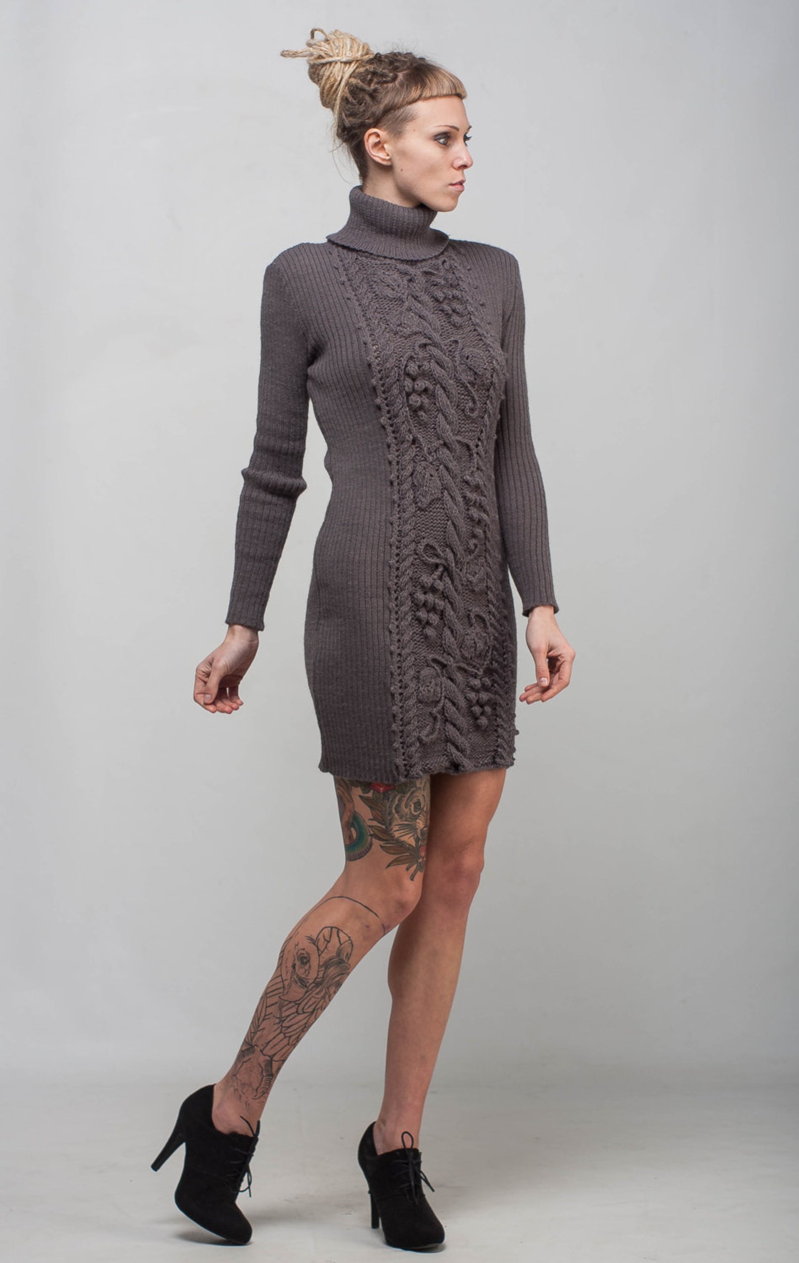 Cable Knit Grey Dress Sheath Gray Dress Handmade Winter Dress - Etsy